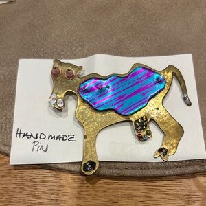Handmade Gold and Blue Cow Pin